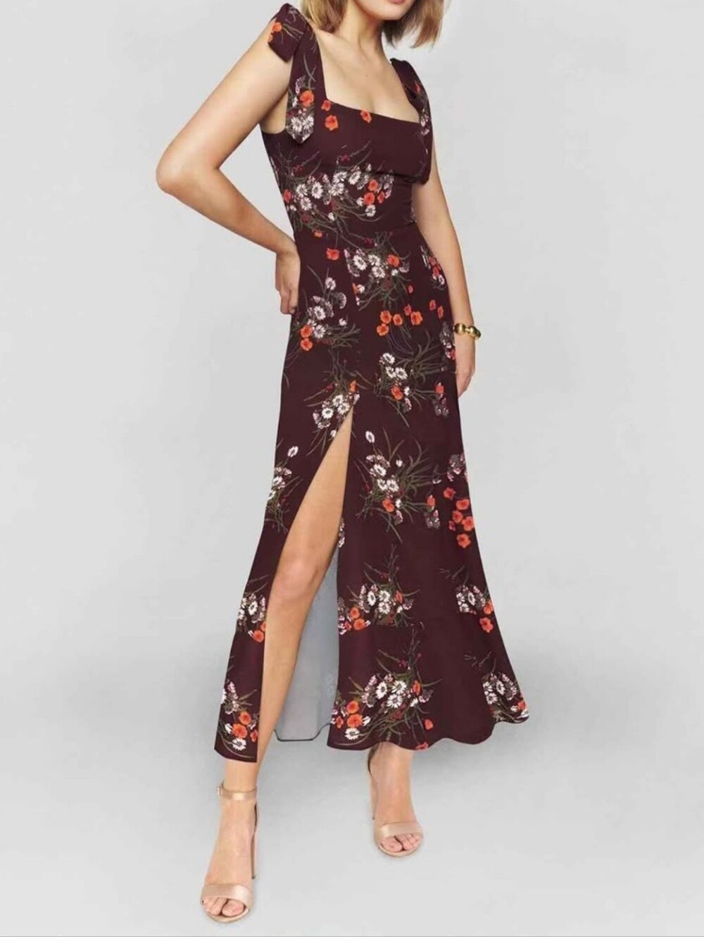 Floral Tie-Shoulder Midi Dress in Deep Burgundy